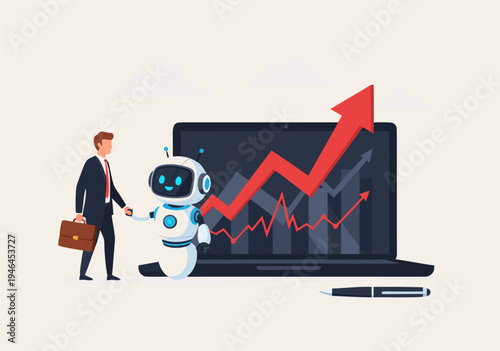 Business Growth Vector Illustration A Man and Robot Shake Hands Before a Laptop Displaying a Rising Graph