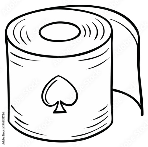 Roll of toilet paper outlined in black ink with a spade emblem signifying playing cards and games, illustration style drawing