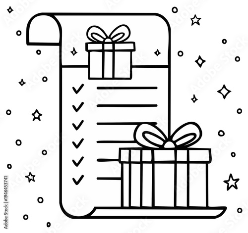 Illustrated list of gifts with checkmarks and stars, festive holiday background.