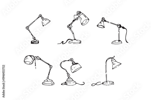 Hand-drawn sketches of modern adjustable architect desk lamps. Minimalist work lamp collection for office and study room.