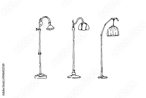 Hand-drawn set of antique Victorian style floor lamps. Classic tall lamps with ornate decorative shades and elegant stands.