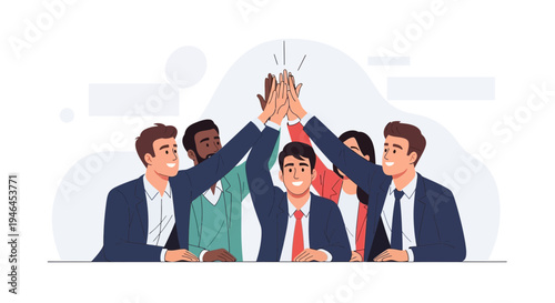 Diverse business team celebrating success with high five, teamwork and achievement concept