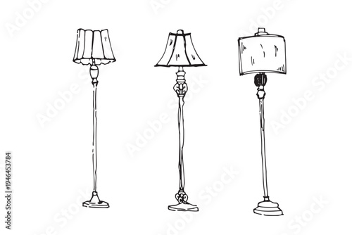 Set of hand-drawn Art Deco floor lamps. Retro tall lamps with geometric shapes and stylized decorative elements from the early 1900s.