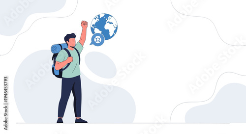 Adventurer celebrates global success with backpack and world globe icon