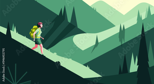 Scenic Mountain Trail Hike A Vibrant Vector Illustration Capturing the Serene Beauty of Nature and Outdoor Adventure