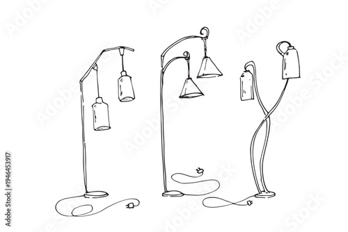 Hand-drawn industrial style floor lamps with exposed bulbs and metal structures. Rustic loft lighting sketches on white background.