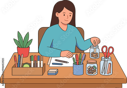 A woman sits at a desk with various office supplies and plants.