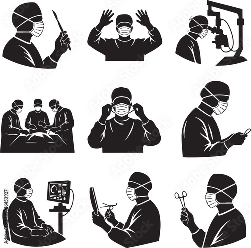 Set of 9 surgery icons vector, medical illustrations, doctor, healthcare