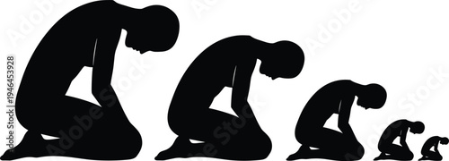 Black silhouette vector illustration of kneeling person sequence showing bowed head humility submission introspection decline progression spiritual symbolic design