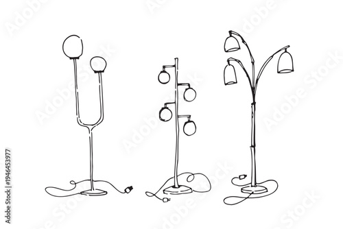 Set of hand-drawn adjustable architect floor lamps. Functional standing work lights with flexible joints and metal arms.