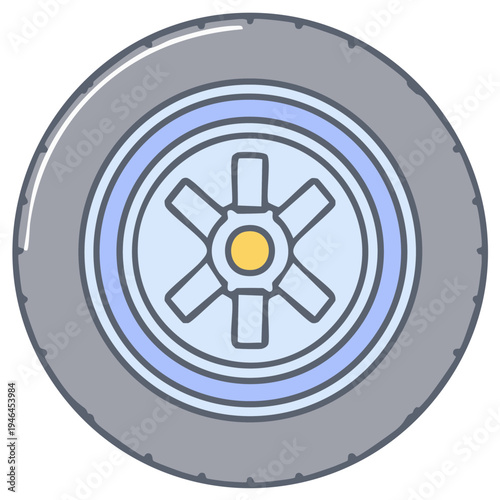Cartoon car wheel illustration. Tire with rim and radial spokes in blue, yellow, and gray.