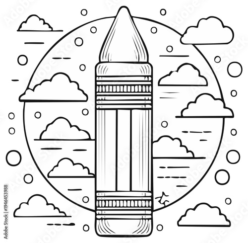 Cartoon rocket standing tall surrounded by clouds and circles, ready for space journey outline illustration