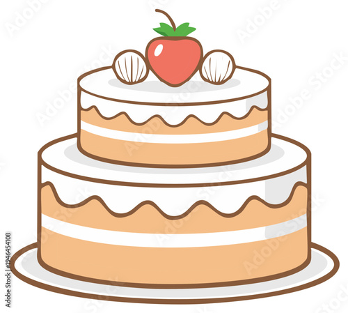 Two tiered celebration cake with strawberry topping cartoon illustration