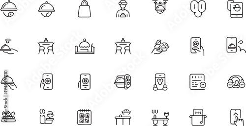 Service and hospitality icon set. Contain icons related to hotel service, reception, food service, restaurant staff, customer service, hospitality management and more. Editable stroke. Vector Illustra