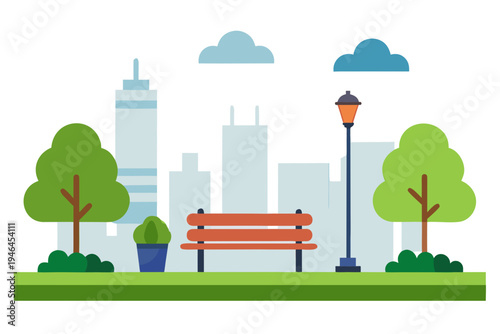 Flat Vector Illustration of Empty Urban Park with Benches