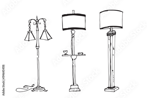 Collection of hand-drawn retro 70s style floor lamps with unique curved shapes and globe shades. Vintage interior lighting sketches.
