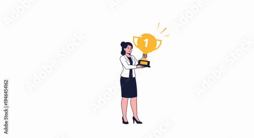 Successful businesswoman holding a golden first place trophy, celebrating victory