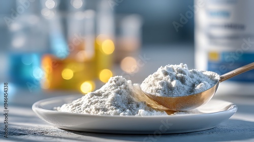 White Powder in Spoon on Plate with Scientific Background Bokeh