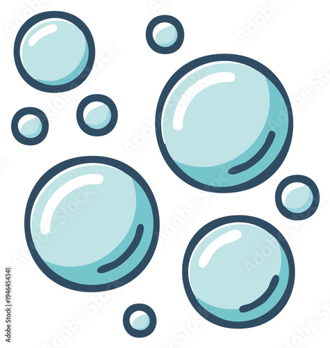 Simple cartoon illustration of blue soap suds and water bubbles floating in the air