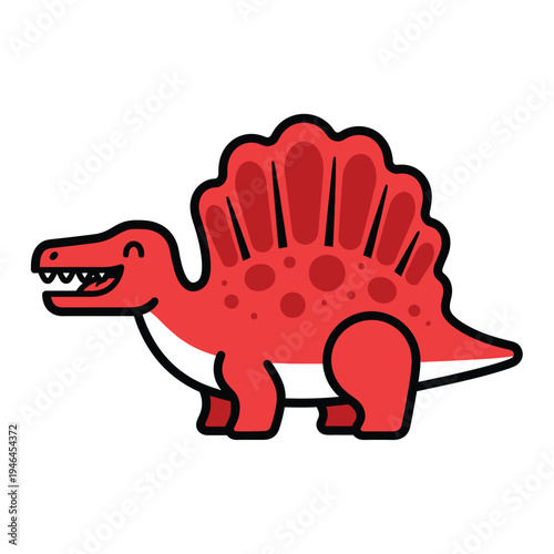 A cheerful, simplified red Spinosaurus dinosaur with a distinctive dorsal sail, depicted in a flat, graphic cartoon style on a clean white background for versatile use.