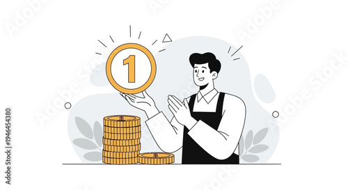 Man holding a coin with a stack of coins, representing financial success and investment