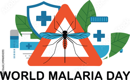 Malaria day with mosquito and medical symbols red triangle