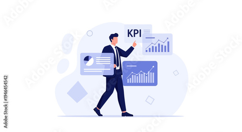 Businessman analyzing KPI data and charts on virtual screens, business growth concept