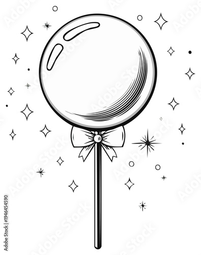 Cartoon lollipop with bow and sparkles illustration in black and white.