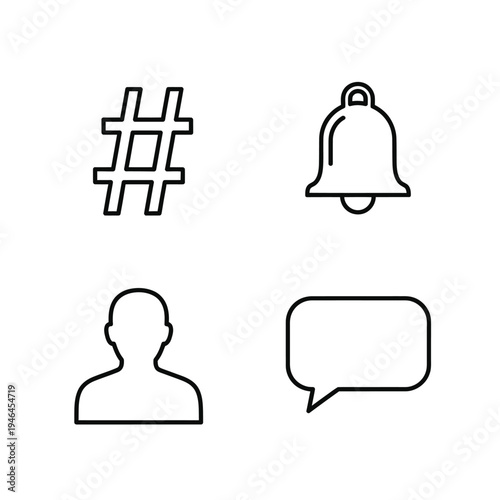Clean, minimalist line art icons hash symbol for tagging, bell for notifications, person silhouette for user profile, and speech bubble for communication on white background.