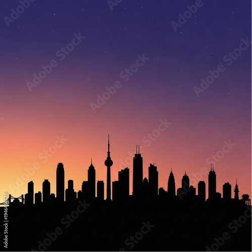City Skyline Silhouette Against Sunset Sky.