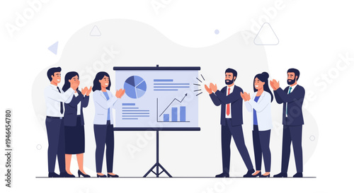 Business team applauding successful presentation with charts and graphs on a whiteboard