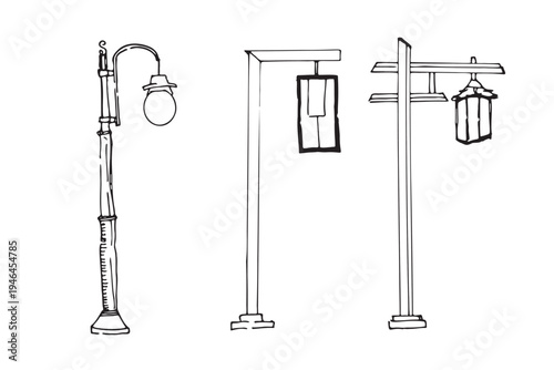Hand-drawn collection of contemporary and Japanese style outdoor lanterns. Simple architectural street light sketches.