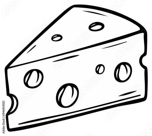 Black and white line art illustration of a wedge of Swiss cheese with holes on a white background