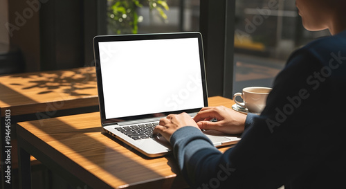 Person using laptop computer for work with coffee on wooden desk in modern workspace during day; remote work and technology concept