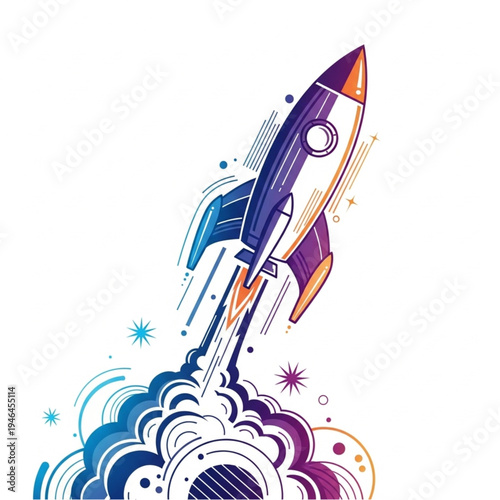 Colorful Cartoon Rocket Launching into Space.