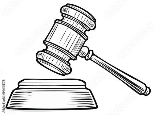 Illustrated wooden gavel and sound block, justice and legal concept