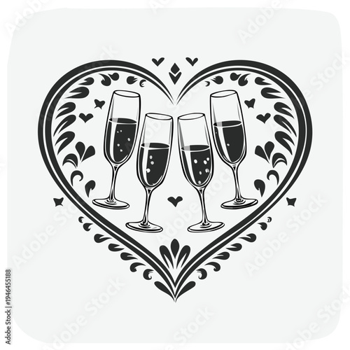Elegant heart shaped frame with champagne flutes celebration design vector illustration for greeting cards or event invitations