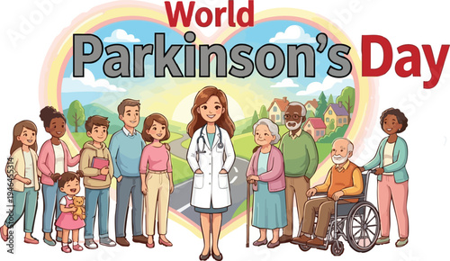 World Parkinson’s Day diverse group doctor heart community wheelchair support vector illustration for health and inclusion campaign