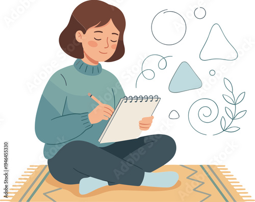 Woman sitting on rug writing in notebook with floating shapes