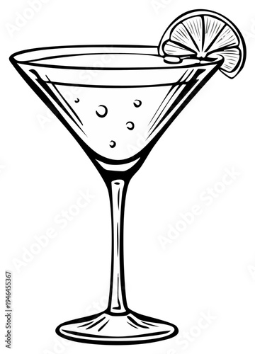 Elegant hand drawn cocktail with a lime slice on the rim and bubbles