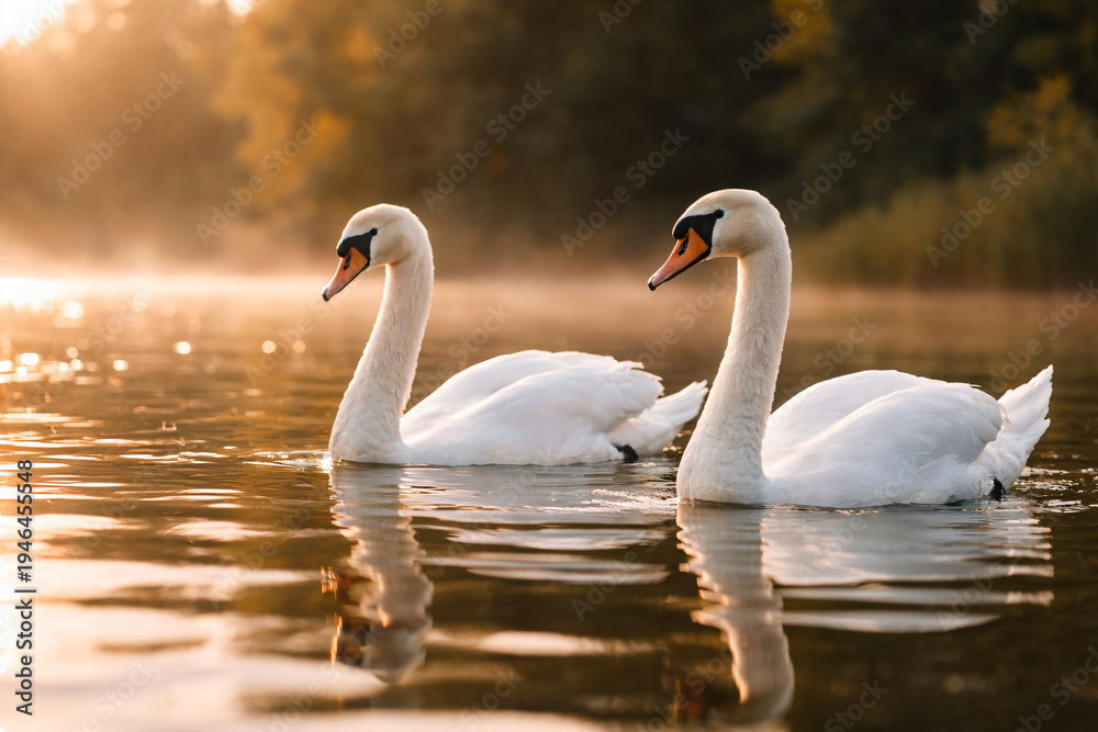 Fototapeta premium Two majestic white swans gracefully glide across a serene golden lake, bathed in the soft, warm glow of an early morning sunrise, creating a tranquil and picturesque natural scene