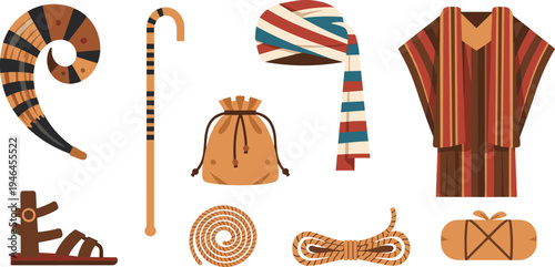 Ancient Middle Eastern biblical attire and accessories vector illustration with striped robe, turban, shofar, shepherd staff, sandals, pouch, rope bundle