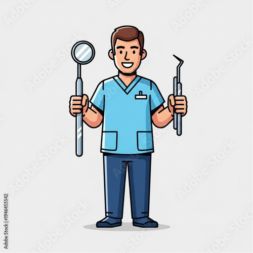 Dentist Cartoon Character Holding Dental Tools.