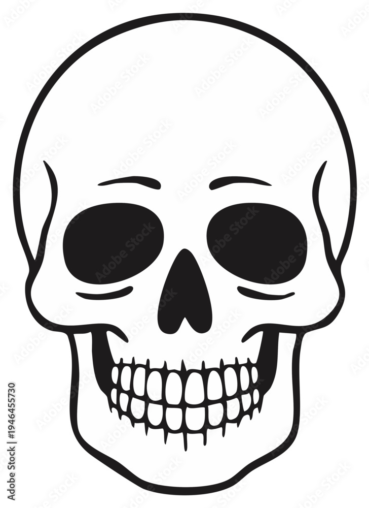 Obraz premium Stylized human skull illustration with empty eye sockets and grinning teeth