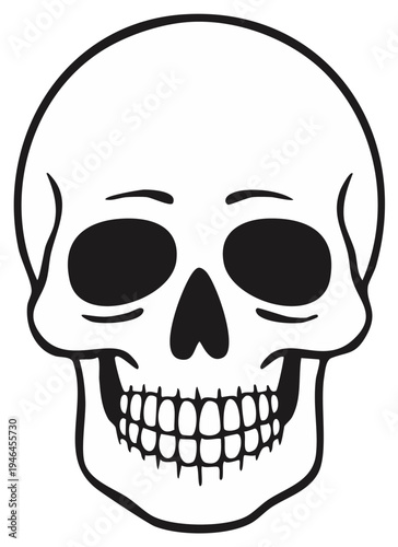 Stylized human skull illustration with empty eye sockets and grinning teeth