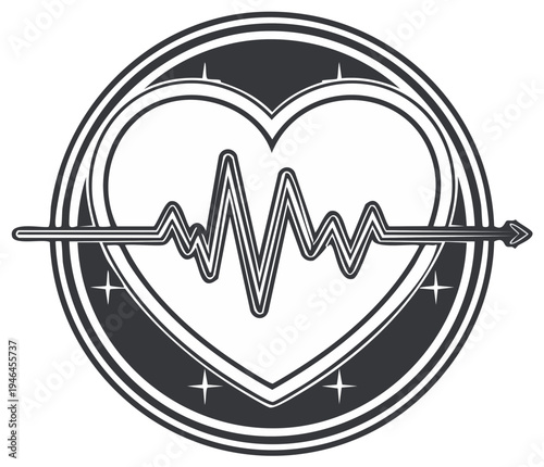Heartbeat graphic emblem with arrow symbol isolated design