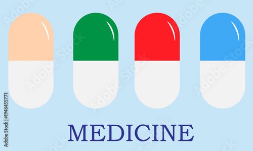 medicine text, four colored capsules,
