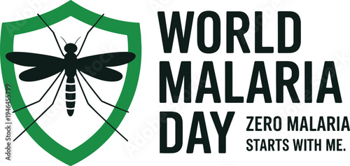 Malaria day with mosquito and text zero malaria green shield