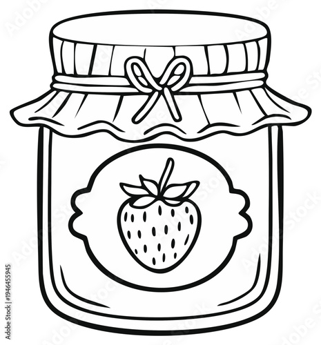 Line art strawberry jam jar with label and tied fabric lid