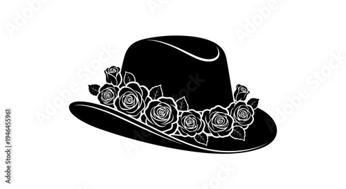 Black hat with floral decorative band.